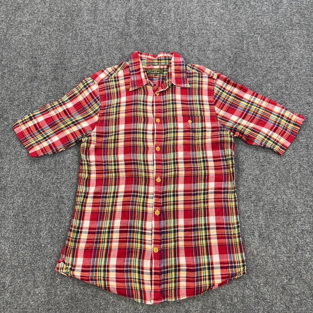 J.L. Powell Shirt Mens L Red Plaid 100% Cotton Short Sleeve Button Up Casual